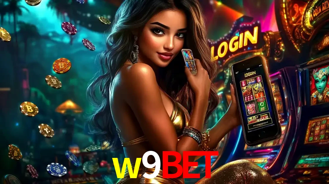 Mulher em um cenário de cassino temático de aventura, mostrando o app de caça-níqueis da w9bet no celular. Fichas de apostas flutuam ao redor.