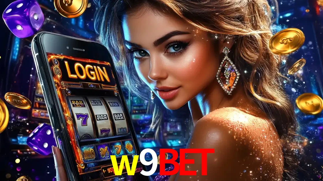 Mulher glamorosa segurando um smartphone com a tela de login para os jogos de caça-níqueis do cassino online w9bet, com moedas de ouro e dados ao redor.