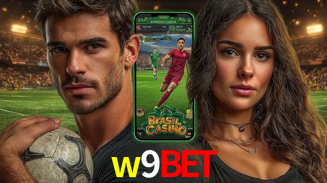 Homem segurando uma bola de futebol e uma mulher ao lado de um smartphone exibindo o jogo de apostas esportivas da w9bet. Faça seu palpite no cassino online.